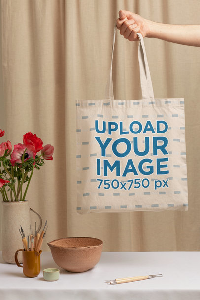 Pottery-Themed Mockup of a Woman Holding a Tote Bag m23509