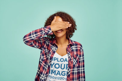 Tank Top Mockup Featuring a Curly-Haired Woman Covering her Eyes with her Hand m23331-r-el2