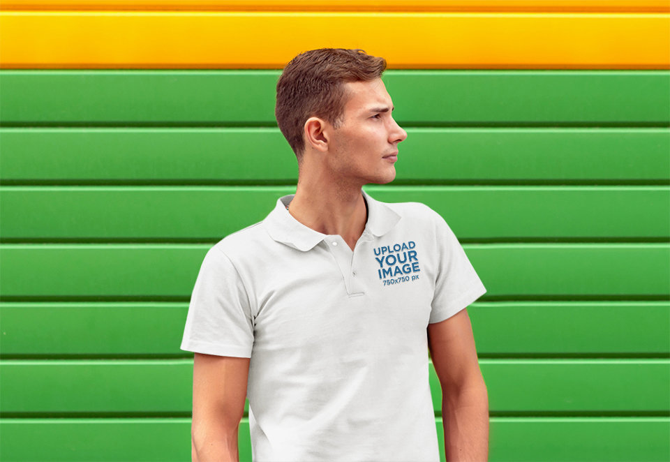Polo Shirt Mockup Featuring a Man Posing Against a Colorful Background