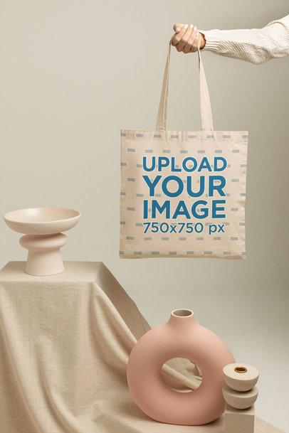 Tote Bag Mockup Featuring Modern Ceramic Vases