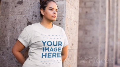Woman Waiting for Someone on the Street Wearing a Plus Size T-Shirt Video Mockup a12524