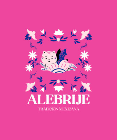 Mexican-Themed T-Shirt Design Template with Colorful Graphics and a Surrealistic Cat Bat 4976c-el1