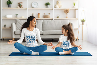 Long Sleeve Tee and T-Shirt Mockup of a Woman Doing Yoga With Her Daughter