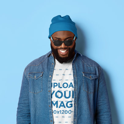 T-Shirt Mockup of a Bearded Man with Sunglasses and a Denim Jacket