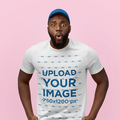 Round-Neck T-Shirt Mockup of a Bearded Man Making a Surprise Expression