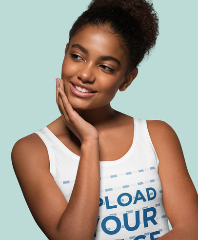 Tank Top Mockup Featuring a Woman Posing and Smiling in a Studio