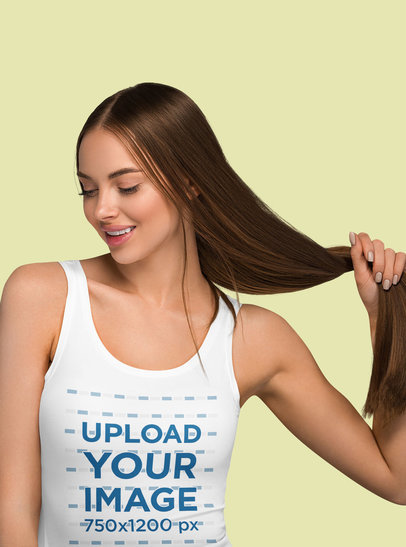 Tank Top Mockup of a Woman Holding Her Long Hair in One Hand