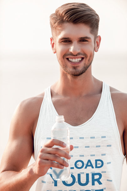 Heathered Tank Top Mockup of a Smiling Man Drinking Water