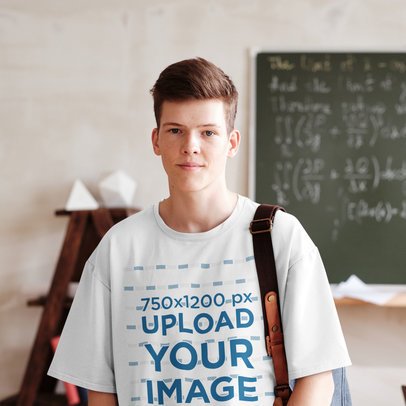 Round-Neck Tee Mockup of a College Student Inside a Classroom