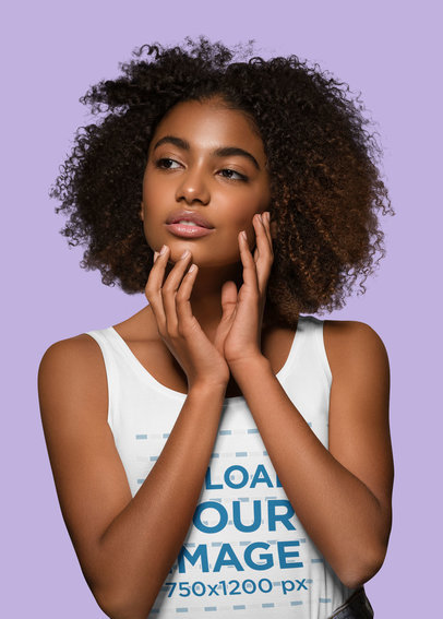 Tank Top Mockup of a Woman with Curly Hair Gently Touching Her Face