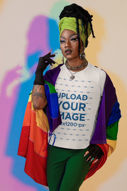 T-Shirt Mockup of a Person Posing Against a Backdrop With Colorful Shadows