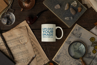Mockup of a Coffee Mug Lying  over a Dark Academia Set Background