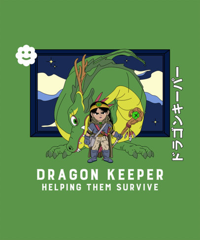 Anime-Themed T-Shirt Design Template Featuring Chibi Dragon Riders and Hunters 4509