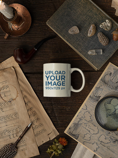 Mockup of a Coffee Mug Lying Over a Wooden Table Surrounded by Vintage Stuff m23736