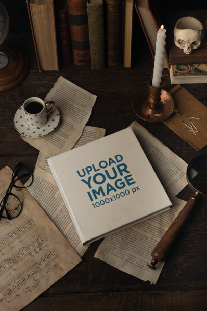 Mockup of a Squared Book in a Dark Academia-Themed Set