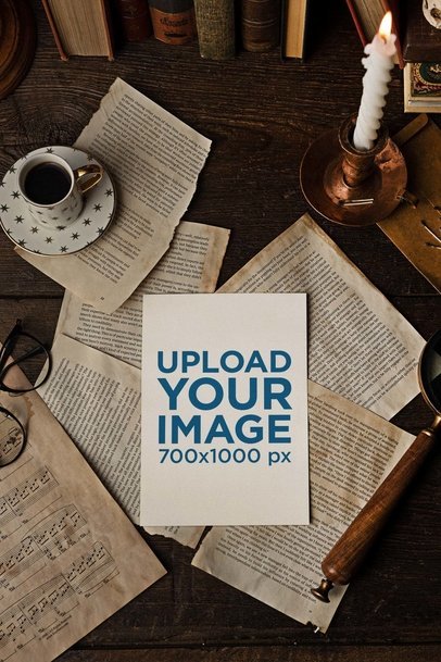 Mockup of an A5 Flyer Lying over Old Ripped-Paper Books