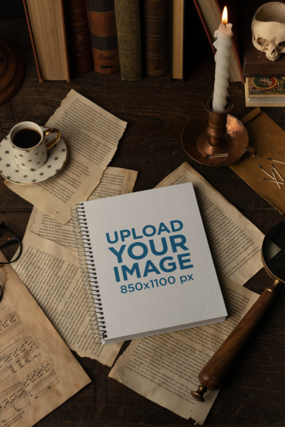 Spiral Notebook Mockup Featuring a Dark Academia Aesthetic