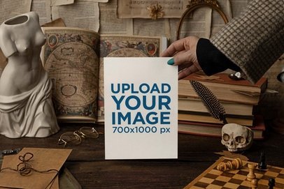 Dark Academia-Themed Mockup of the Hand of a Woman Holding a Flyer Over a Desk