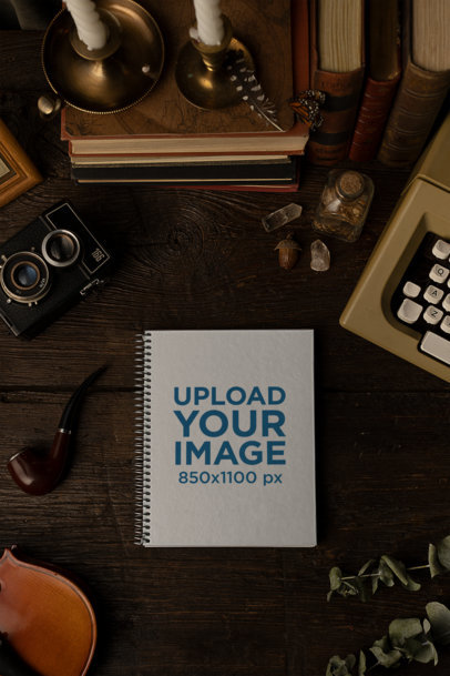 Notebook Mockup Featuring a Set with a Dark Academia Aesthetic