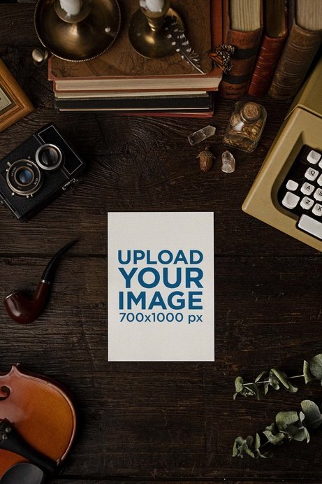 Mockup of a Flyer Surrounded by a Vintage Typewriter and a Smoking Pipe