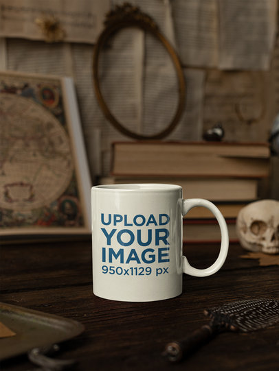 Mockup of an 11 Oz Mug Placed on a Wooden Table Featuring a Dark Academia Aesthetic