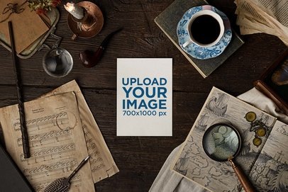 Mockup of a Flyer Lying on a Wooden Table Featuring a Dark Academia Setting