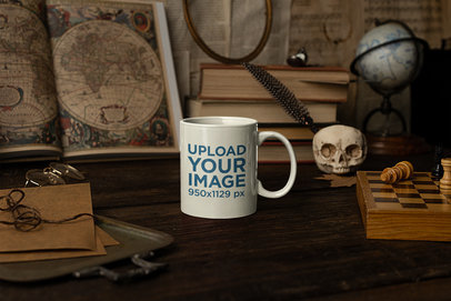 Mockup of an 11 Oz Mug Placed Over a Wooden Table Featuring a Dark Academia Set