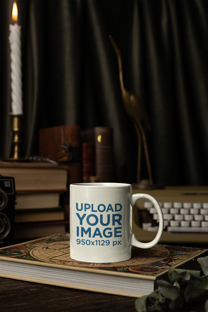Mockup of an 11 oz Coffee Mug in a Dark Academia-Themed Set