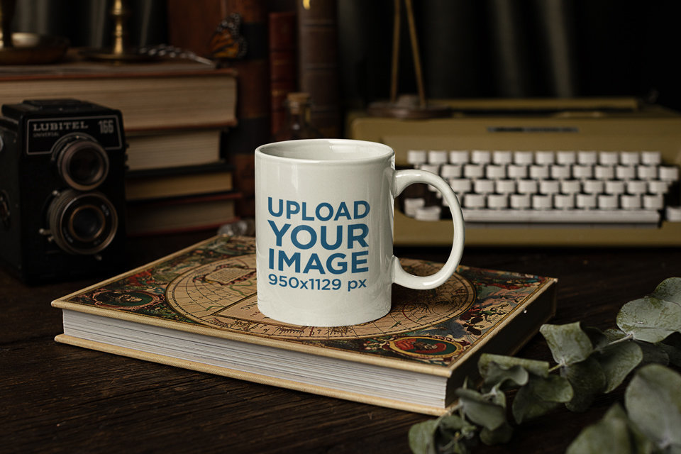 Mockup of an 11 oz Coffee Mug in a Dark Academia-Themed Set