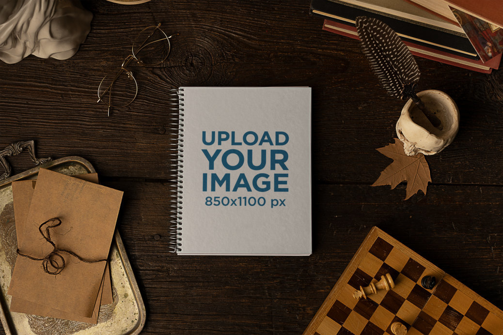 Dark Academia-Themed Notebook Mockup Featuring a Wooden Table