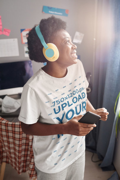 Basic T-Shirt Mockup Featuring a Short-Haired Woman Listening to a Happy Song m21038-r-el2