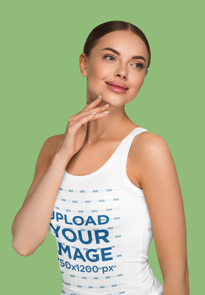 Scoop-Neck Tank Top Mockup Featuring a Smiling Woman Touching Her Face