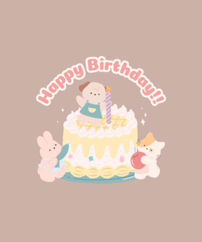 Kawaii-Themed T-Shirt Design Template Featuring Illustrated Animals Decorating a Birthday Cake 4517c