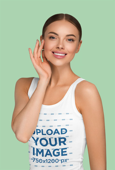 Tank Top Mockup Featuring a Happy Woman Caressing Her Face