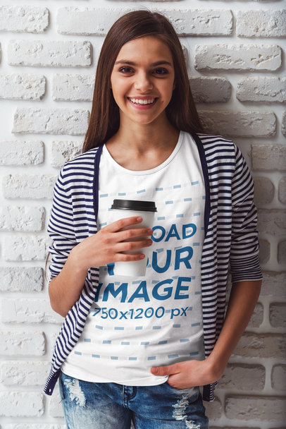 T-Shirt Mockup of a Smiling Woman Holding a Cup of Coffee