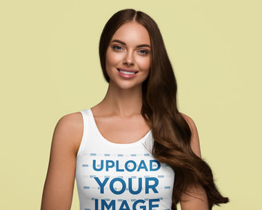 Tank Top Mockup of a Smiling Woman with Long Hair in a Studio