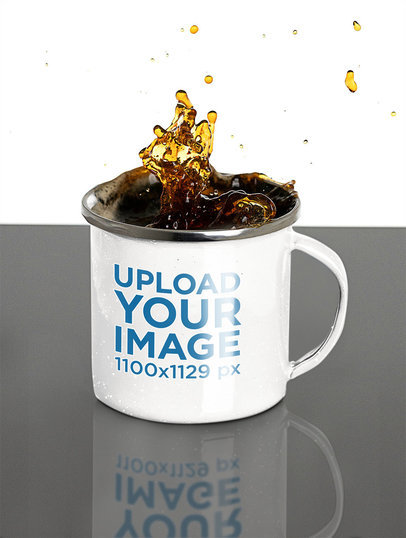 12 oz Enamel Mug Mockup Featuring a Splash of Coffee