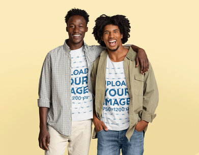 Basic Tee Mockup of Two Happy Friends Wearing Overshirts at a Studio