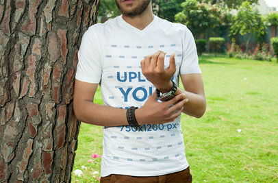 V-Neck Tee Mockup of a Bearded Man Posing by a Tree 5333 el1