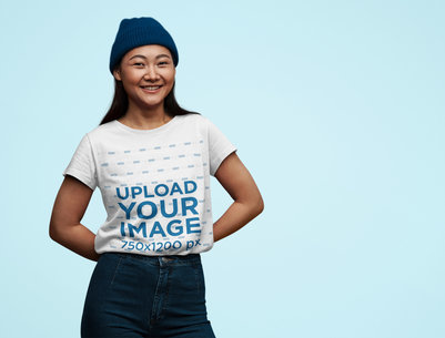 Round-Neck Tee Mockup Featuring a Smiling Woman in a Studio