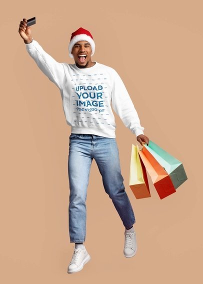 Sweatshirt Mockup Featuring an Excited Man With a Christmas Hat and Shopping Bags m20892 r-el2