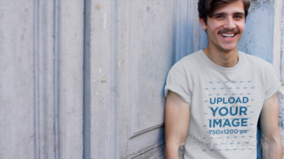 Hipster Young Man with a Mustache Wearing a T-Shirt Video Outdoors