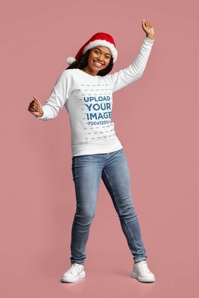 Sweatshirt Mockup of a Woman Dancing with a Santa Claus Hat