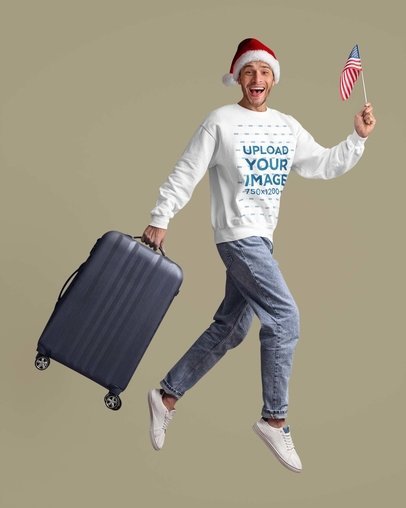 Sweatshirt Mockup of a Joyful Man Jumping with a Suitcase and a Santa Claus Hat m20897 r-el2