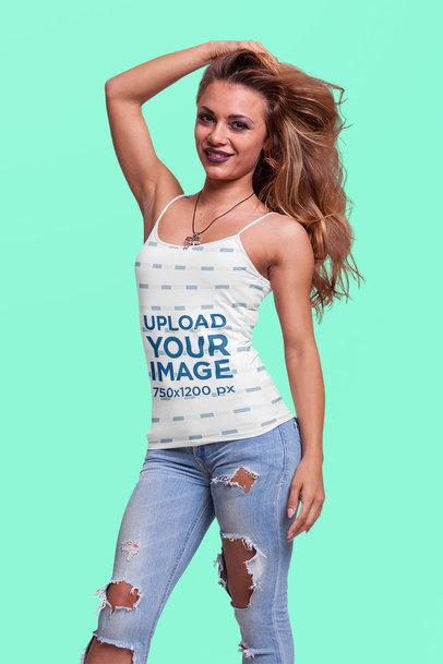 Mockup of a Woman with Long Hair Wearing a Camisole Tank Top and Ripped Jeans