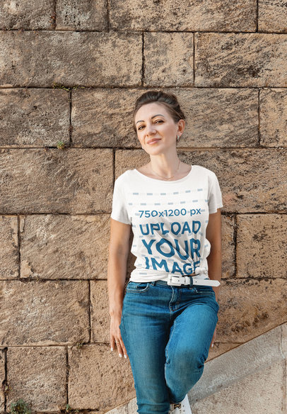 T-Shirt of a Smiling Woman Posing Against a Wall