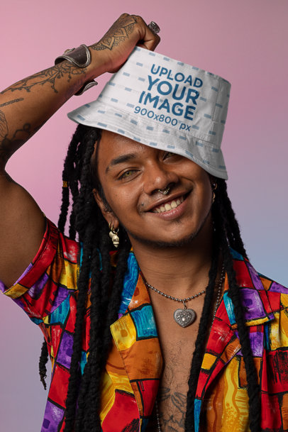 Bucket Hat Mockup of a Happy Person with Tattoos and a Heart-Shaped Necklace m24005