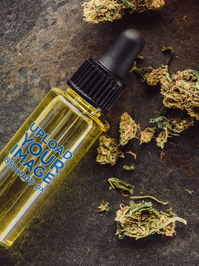 Mockup of a CBD Oil Dropper Bottle Featuring Dried Cannabis