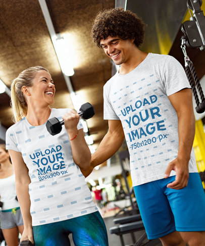 Round-Neck T-Shirt Mockup of a Man Helping a Woman at the Gym