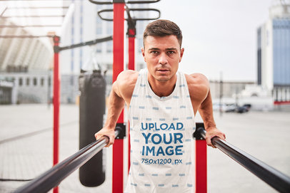 Heathered Tank Top Mockup Featuring a Fitness Man Working Out